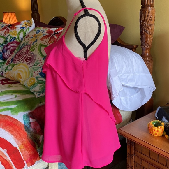 “Naked Zebra” Neon pink spaghetti strap top with ruffled front and back. Size S - Picture 6 of 14